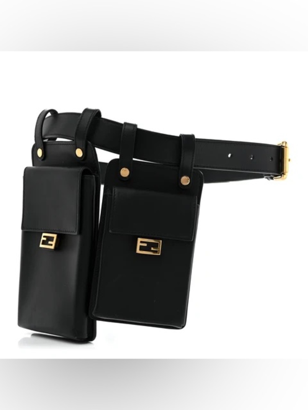 New Authentic FENDI Leather Double Pouch Belt Bag Black Gold NWT